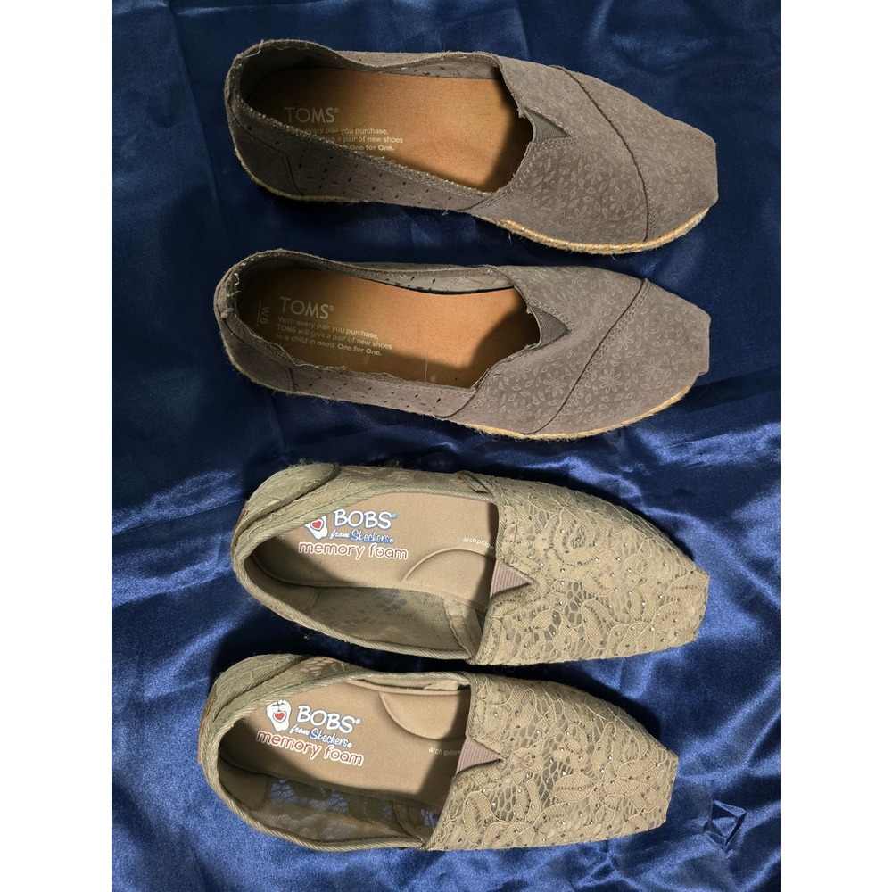 TOMS & BOBS Skechers Women Alpargata Slip On Flats Bundle Grey Beige Size 8